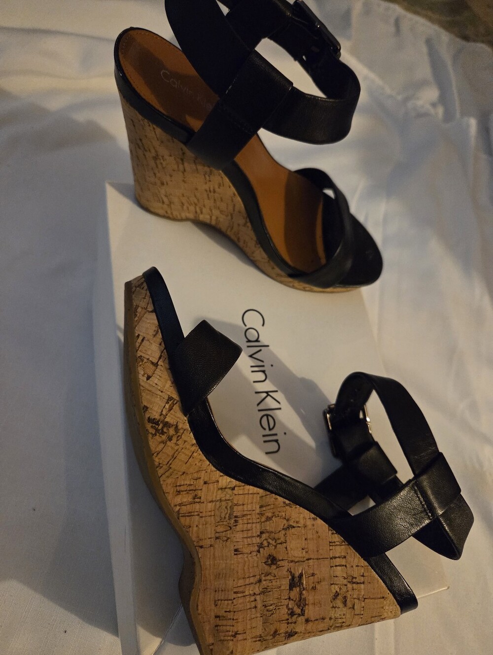 Calvin Klein Black Leather Cork Wedge Sandals